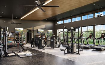 a gym with a lot of exercise equipment and windows